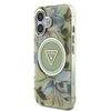 Guess Glitter Flowers Triangle Mygtukai MagSafe Apple iPhone 16 dėklas telefonui žalios spalvos