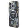 Guess Glitter Flowers Triangle Mygtukai MagSafe Apple iPhone 16 Pro Max dėklas telefonui juodos spalvos