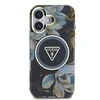 Guess Glitter Flowers Triangle Mygtukai MagSafe Apple iPhone 16 dėklas telefonui juodos spalvos