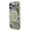 Guess Glitter Flowers Triangle Mygtukai MagSafe Apple iPhone 16 Pro Max dėklas telefonui žalios spalvos