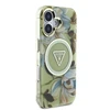 Guess Glitter Flowers Triangle Mygtukai MagSafe Apple iPhone 16 dėklas telefonui žalios spalvos