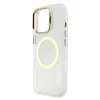 Guess IML Gold Outline Stand Camera Frame MagSafe dėklas skirtas Apple iPhone 16 Pro Max skaidrus