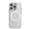 Guess IML Gold Outline Stand Camera Frame MagSafe dėklas skirtas Apple iPhone 16 Pro Max skaidrus