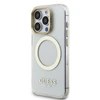 Guess IML Gold Outline Stand Camera Frame MagSafe dėklas skirtas Apple iPhone 15 Pro Max skaidrus