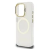 Guess IML Gold Outline Stand Camera Frame MagSafe dėklas skirtas Apple iPhone 15 Pro skaidrus