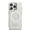 Guess IML Gold Outline Stand Camera Frame MagSafe dėklas skirtas Apple iPhone 15 Pro skaidrus