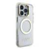 Guess IML Gold Outline Stand Camera Frame MagSafe dėklas skirtas Apple iPhone 16 Pro Max skaidrus