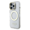 Guess IML Gold Outline Stand Camera Frame MagSafe dėklas skirtas Apple iPhone 16 Pro skaidrus