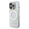 Guess IML Gold Outline Stand Camera Frame MagSafe dėklas skirtas Apple iPhone 16 Pro Max skaidrus