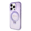 Guess GUHMP15LHRSGSU Apple iPhone 15 Pro 6.1″ violetinės spalvos kietas dėklas Ring Stand Script Glitter MagSafe