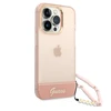Apple iPhone 14 Pro Max Guess dėklas Translucent Pearl Strap rožinės spalvos
