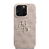 Guess PU 4G Metal Logo Stand Camera Frame dėklas skirtas Apple iPhone 16 Pro rožinės spalvos
