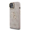 Guess PU 4G Metal Logo Stand Camera Frame dėklas skirtas Apple iPhone 15 rožinės spalvos