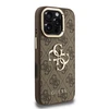 Guess PU 4G Metal Logo Stand Camera Frame dėklas skirtas Apple iPhone 16 Pro rudos spalvos