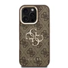 Guess PU 4G Metal Logo Stand Camera Frame dėklas skirtas Apple iPhone 16 Pro rudos spalvos