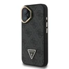 Guess PU 4G Strass Triangle Logo Stand Camera Frame MagSafe dėklas skirtas Apple iPhone 16 juodos spalvos