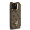 Guess PU 4G Strass Triangle Logo Stand Camera Frame MagSafe dėklas skirtas Apple iPhone 15 Pro Max rudos spalvos