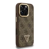 Guess PU 4G Strass Triangle Logo Stand Camera Frame MagSafe dėklas skirtas Apple iPhone 16 Pro rudos spalvos