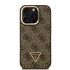 Guess PU 4G Strass Triangle Logo Stand Camera Frame MagSafe dėklas skirtas Apple iPhone 16 Pro rudos spalvos