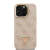 Guess PU 4G Strass Triangle Logo Stand Camera Frame MagSafe dėklas skirtas Apple iPhone 15 Pro Max rožinės spalvos