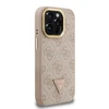 Guess PU 4G Strass Triangle Logo Stand Camera Frame MagSafe dėklas skirtas Apple iPhone 15 Pro Max rožinės spalvos