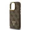 Guess PU 4G Strass Triangle Logo Stand Camera Frame MagSafe dėklas skirtas Apple iPhone 16 Pro rudos spalvos
