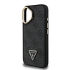 Guess PU 4G Strass Triangle Logo Stand Camera Frame MagSafe dėklas skirtas Apple iPhone 16 juodos spalvos