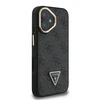 Guess PU 4G Strass Triangle Logo Stand Camera Frame MagSafe dėklas skirtas Apple iPhone 16 juodos spalvos