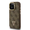Guess PU 4G Strass Triangle Logo Stand Camera Frame MagSafe dėklas skirtas Apple iPhone 16 Pro rudos spalvos