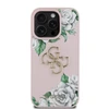 Guess PU Grained Roses 4G Metal Logo dėklas skirtas Apple iPhone 16 Pro rožinės spalvos