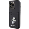 Apple iPhone 15 Pro Karl Lagerfeld dėklas Saffiano Cardslot Karl&amp;Choupette Metal Pin (KLHCP15LSAPKCNPK) juodos spalvos