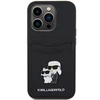 Apple iPhone 15 Pro Karl Lagerfeld dėklas Saffiano Cardslot Karl&amp;Choupette Metal Pin (KLHCP15LSAPKCNPK) juodos spalvos