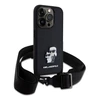 Karl Lagerfeld Saffiano Crossbody Strap Metal Karl and Choupette dėklas telefonui Apple iPhone 15 Pro juodos spalvos