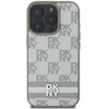 Dėklas DKNY PU odos languotų raštų ir juostelių Apple iPhone 16 Pro rusvai gelsvas