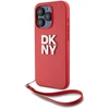 DKNY PU Leather Stack Logo Wrist Strap dėklas telefonui Apple iPhone 15 Pro raudonos spalvos