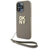 DKNY PU Leather Stack Logo Wrist Strap dėklas telefonui Apple iPhone 14 Pro Max rusvai gelsvas