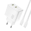 Dudao A28PCEU PD 45W GaN 2xUSB-C sieninis įkroviklis su USB-C laidu – baltas