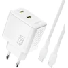 Dudao A28PCEU PD 45W GaN 2xUSB-C sieninis įkroviklis su USB-C laidu – baltas