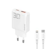 GaN Dudao A30EUL 30W USB-A / USB-C laidinis įkroviklis + USB-C – Lightning kabelis – baltos spalvos