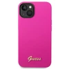 „Guess“ silikoninis vintažinis auksinis logotipo dėklas iPhone 14 / 15 Plus – fuksijos spalvos