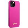 „Guess“ silikoninis vintažinis auksinis logotipo dėklas iPhone 14 / 15 Plus – fuksijos spalvos