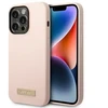Guess telefono dėklas iPhone 14 Pro Max 6,7 GUHMP14XSBPLP rožinė hard telefono dėklas Liquid Silikoninis Logo Plate MagSafe