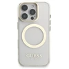 „Guess IML“ auksinis kontūrinis stovas su kameros rėmeliu, „MagSafe“ dėklas, skirtas „iPhone 16 Pro Max“, permatomas