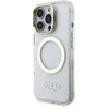 „Guess IML“ auksinis kontūrinis stovas su kameros rėmeliu, „MagSafe“ dėklas, skirtas „iPhone 16 Pro Max“, permatomas