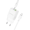 Borofone Laidinis įkroviklis BN14 Royal GaN – USB + Type C – QC 3.0 PD 30W su Type C į Lightning kabeliu baltos spalvos