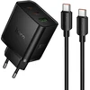 Telefono įkroviklis Hoco 2x USB C + USB A QC3.0 PD 3A 65W + duomenų kabelis USB C į USB C N75 juodas