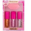 Makeup Revolution London Kiss & Go Lip Oil Set Lip Oil rinkinys moterims (Lip Oil Honey 4,5 ml+ Lip Oil Peach Rožinė 4,5 ml+ Lip Oil Watermelon 4,5 ml + Lūpų pilingas )