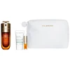 Rinkinys Clarins: Dvigubas, prieš senėjimą, serumas, veidui, 50 ml + Cryo-Flash, sutvirtinanti ir suteikianti spindesio, kaukė-kremas, veidui, 15 ml + Lip Confort, lūpų aliejus, 01, 1,4 ml *miniatiūra + Clarins, su užtrauktuku, GWP tekstilinis maišelis, baltas