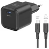 „Swissten“ kelioninis įkroviklis GaN USB-C 35 W PD + duomenų kabelis USB-C – „Lightning“ 1,2 m