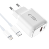 Tech-Protect NCA30 PD 30W QC3.0 USB-A / USB-C sieninis įkroviklis + USB-C / Lightning laidas 100 cm - Baltas